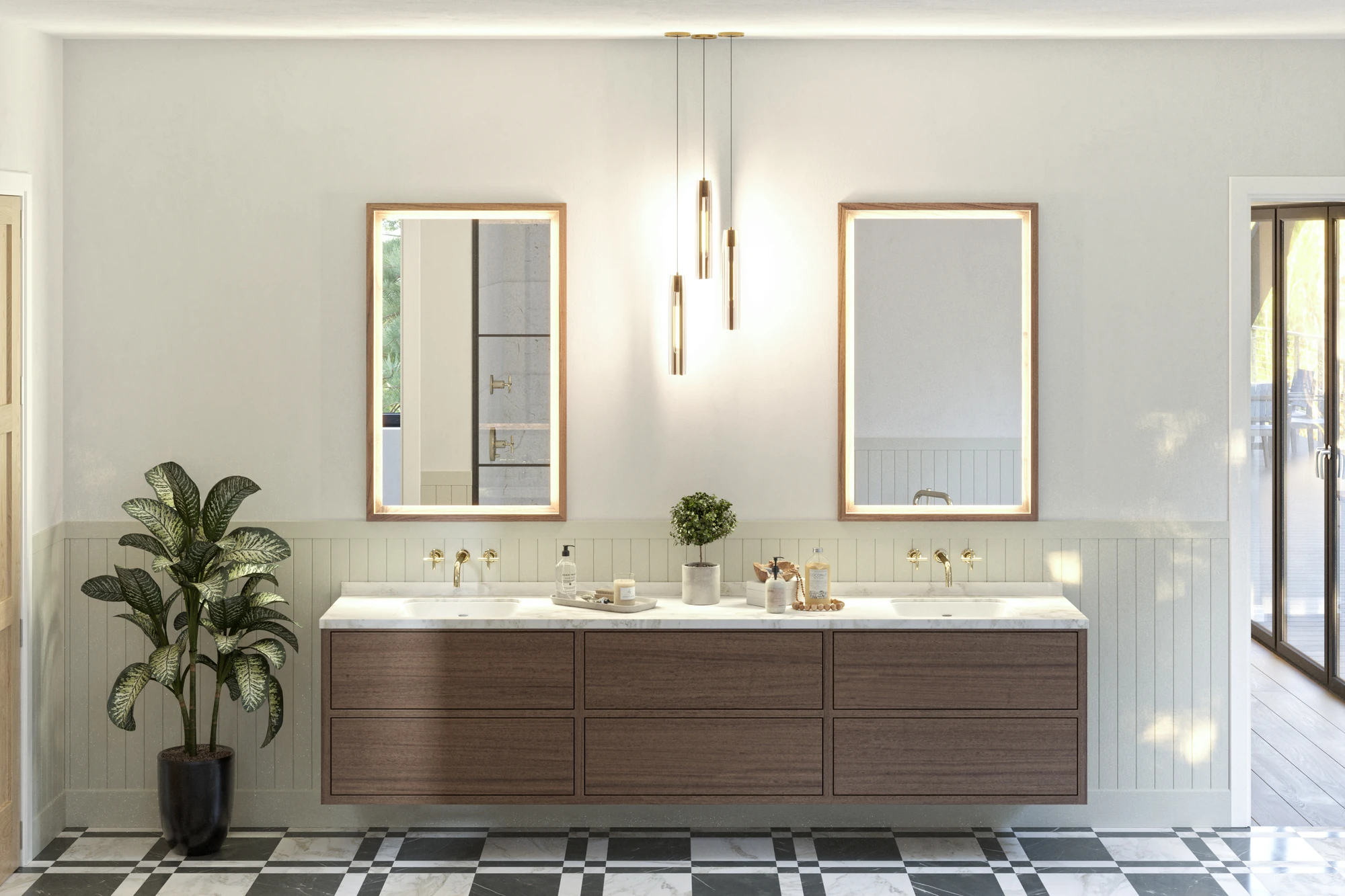 Stone & Timber Residence — double vanity with dark wood cabinets and pendant lights