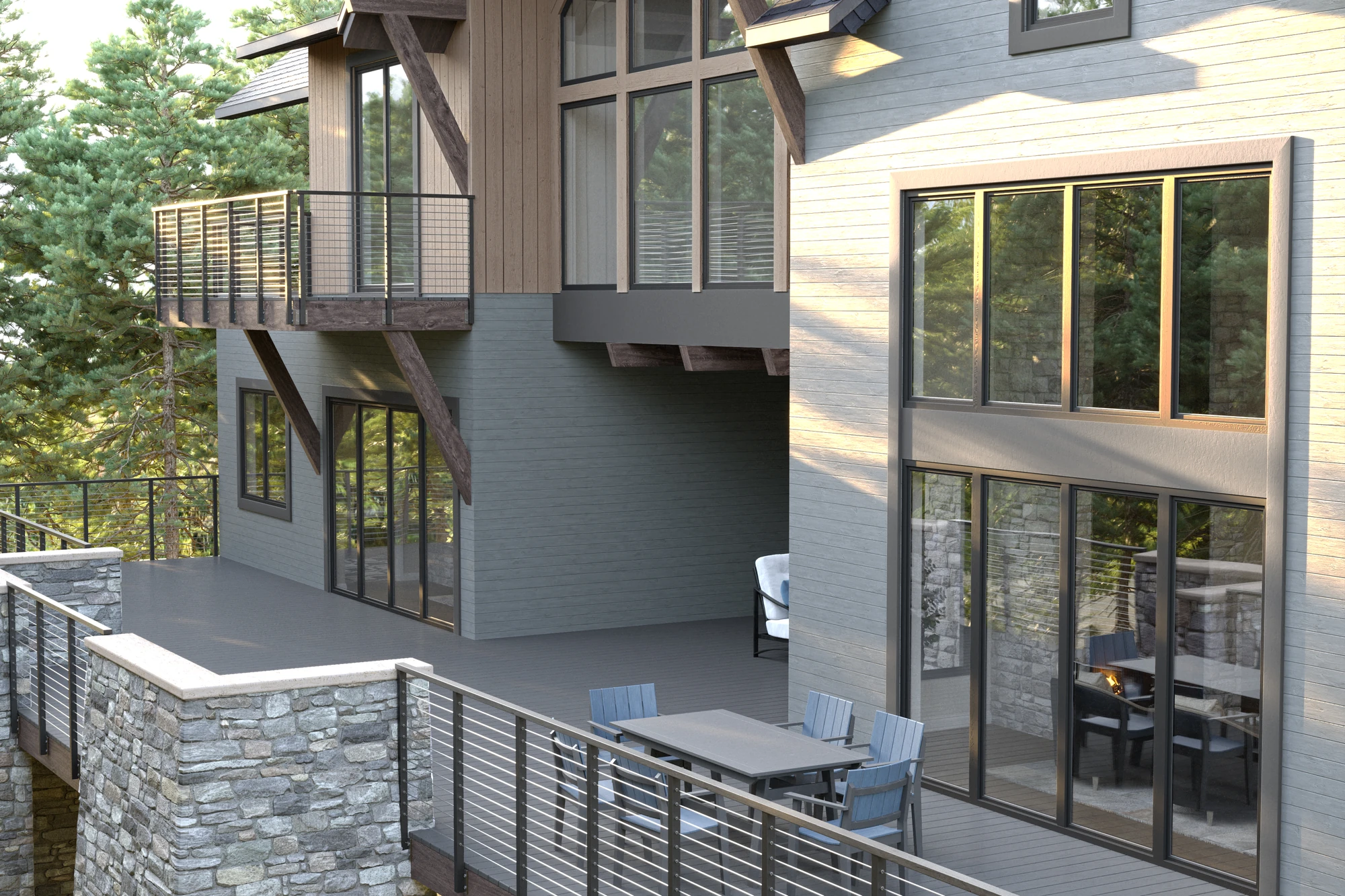 Stone & Timber Residence — exterior with gray siding, stone terrace walls and large windows