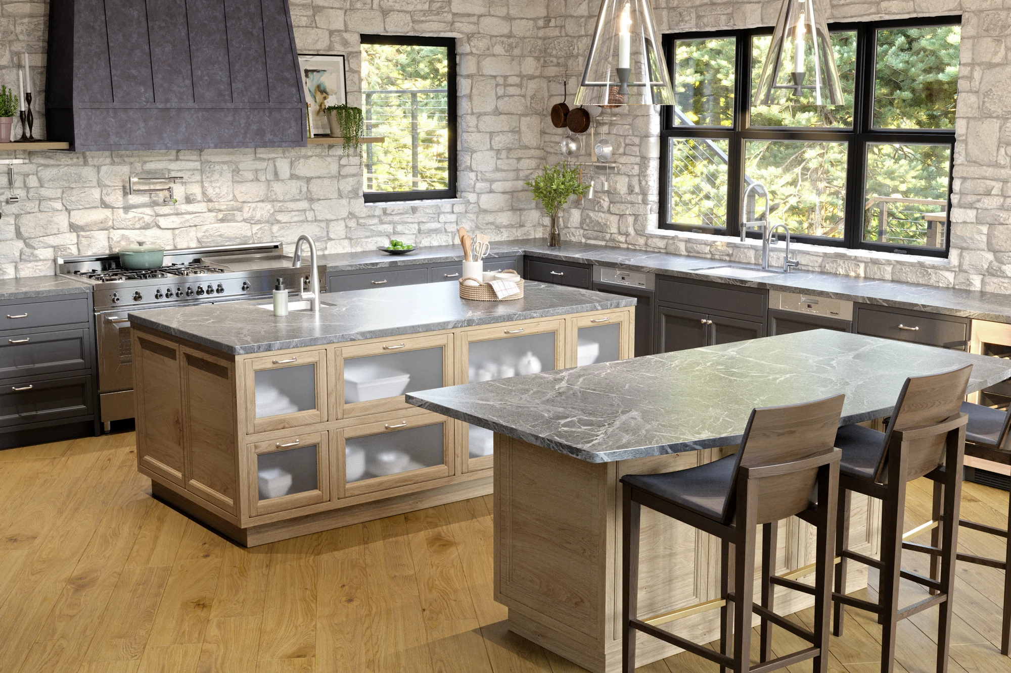 Stone & Timber Residence — kitchen with stone walls and two wood islands