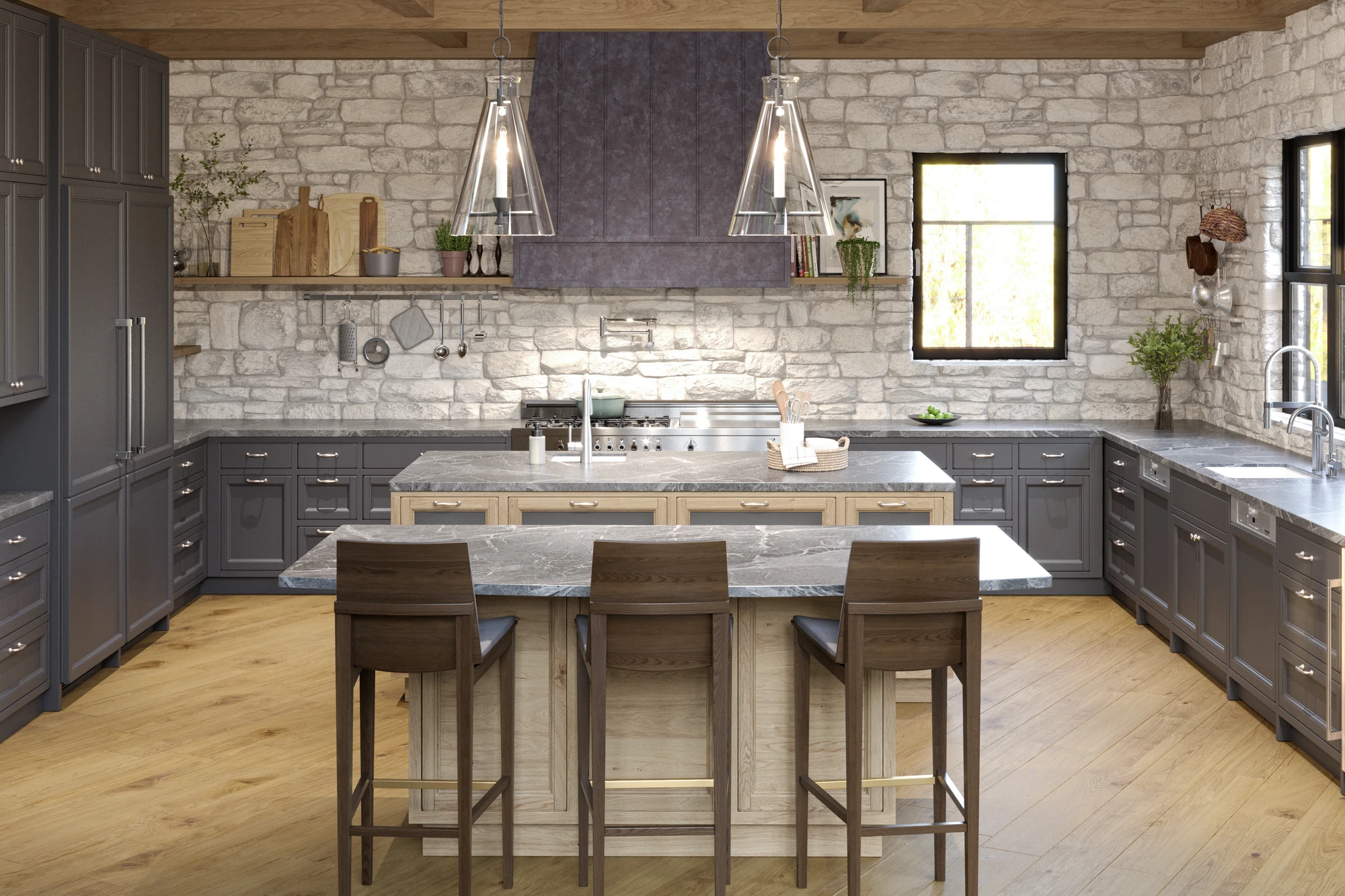 Stone & Timber Residence — front kitchen view with bar stools, stone walls and wood island