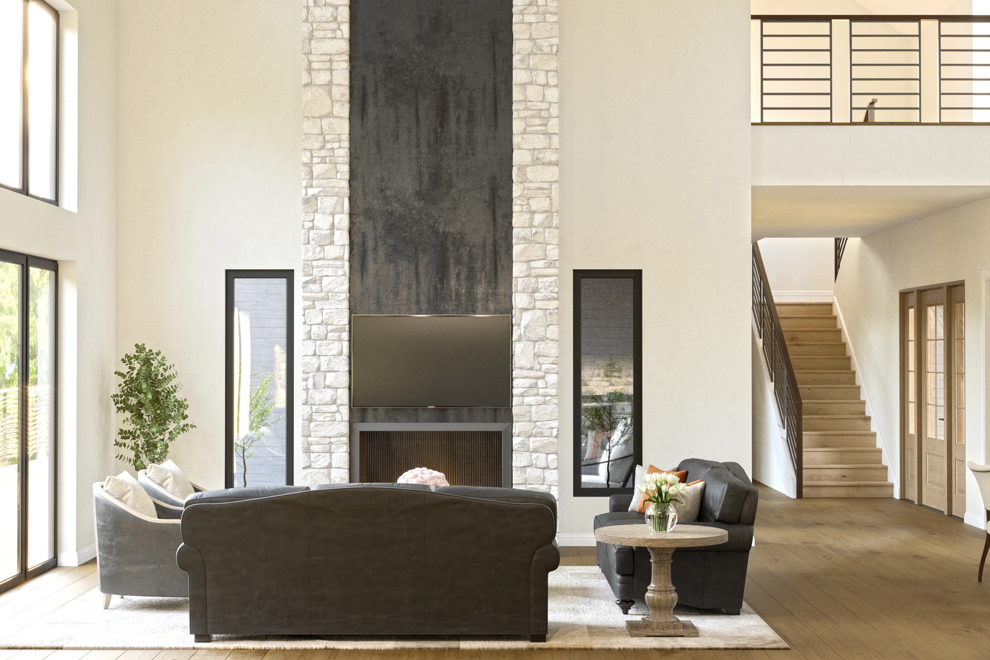 Stone & Timber Residence — living room with tall stone fireplace and dark sofas, furnishing option 1