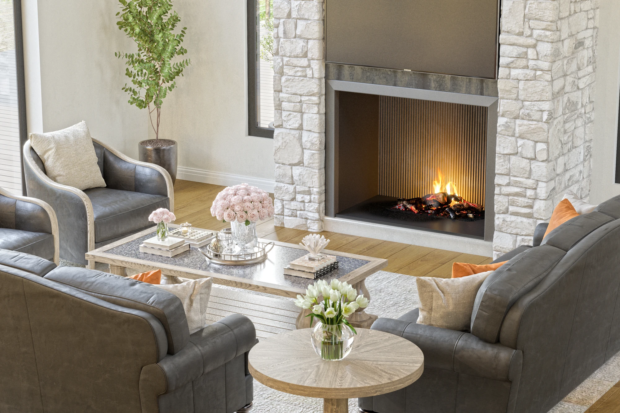Stone & Timber Residence — close view of dark seating and lit stone fireplace, furnishing option 1