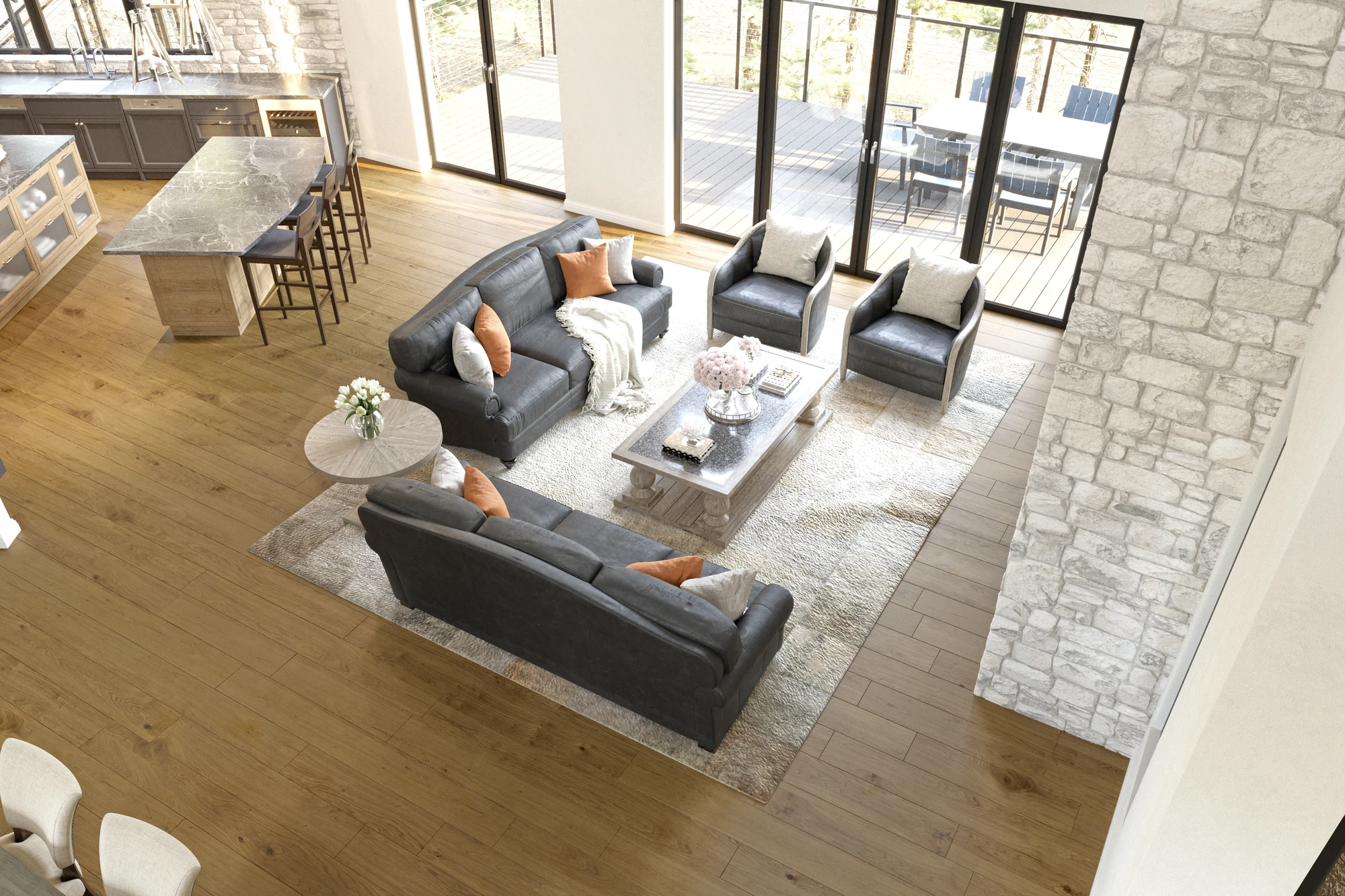Stone & Timber Residence — overhead living room view with dark sofas, furnishing option 1