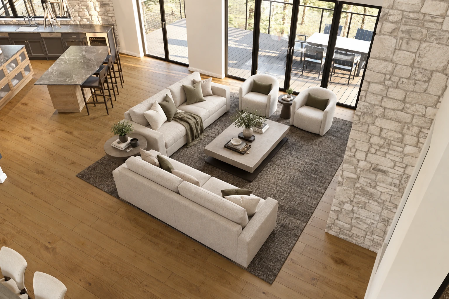 Stone & Timber Residence — overhead living room view with pale sofas, furnishing option 2