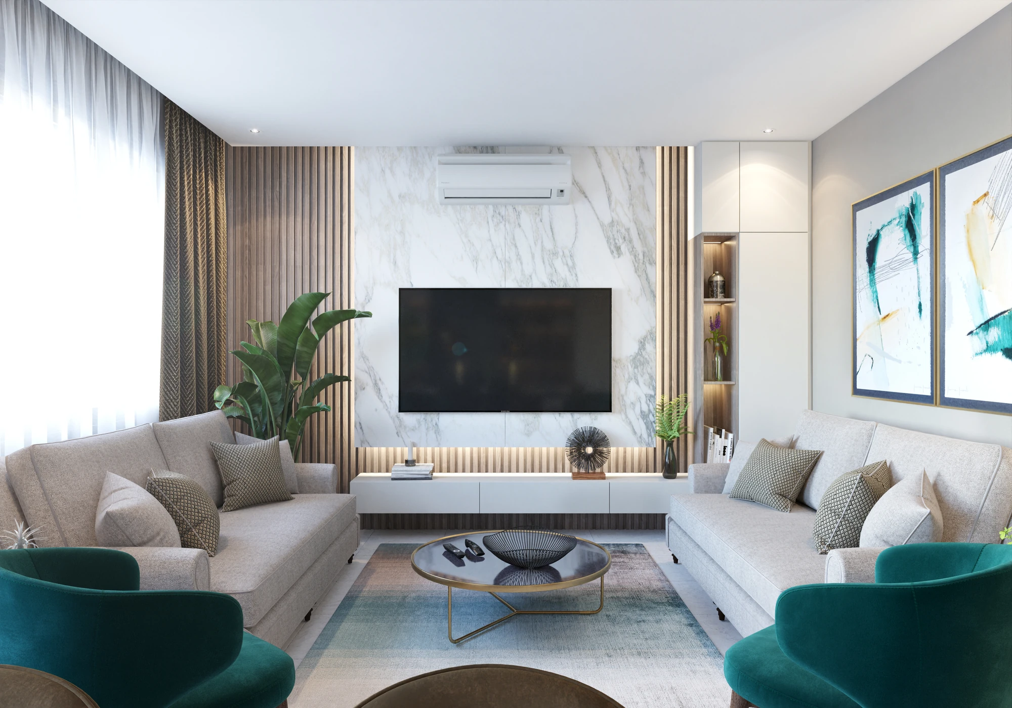 Tailored Living & Dining — living room with gray sofas, teal chairs and television wall