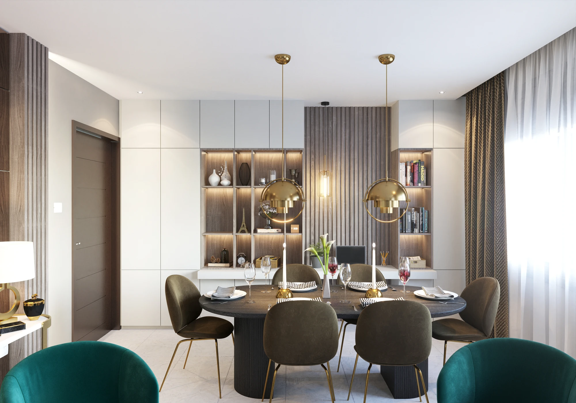Tailored Living & Dining — dining table, upholstered chairs and illuminated display shelves