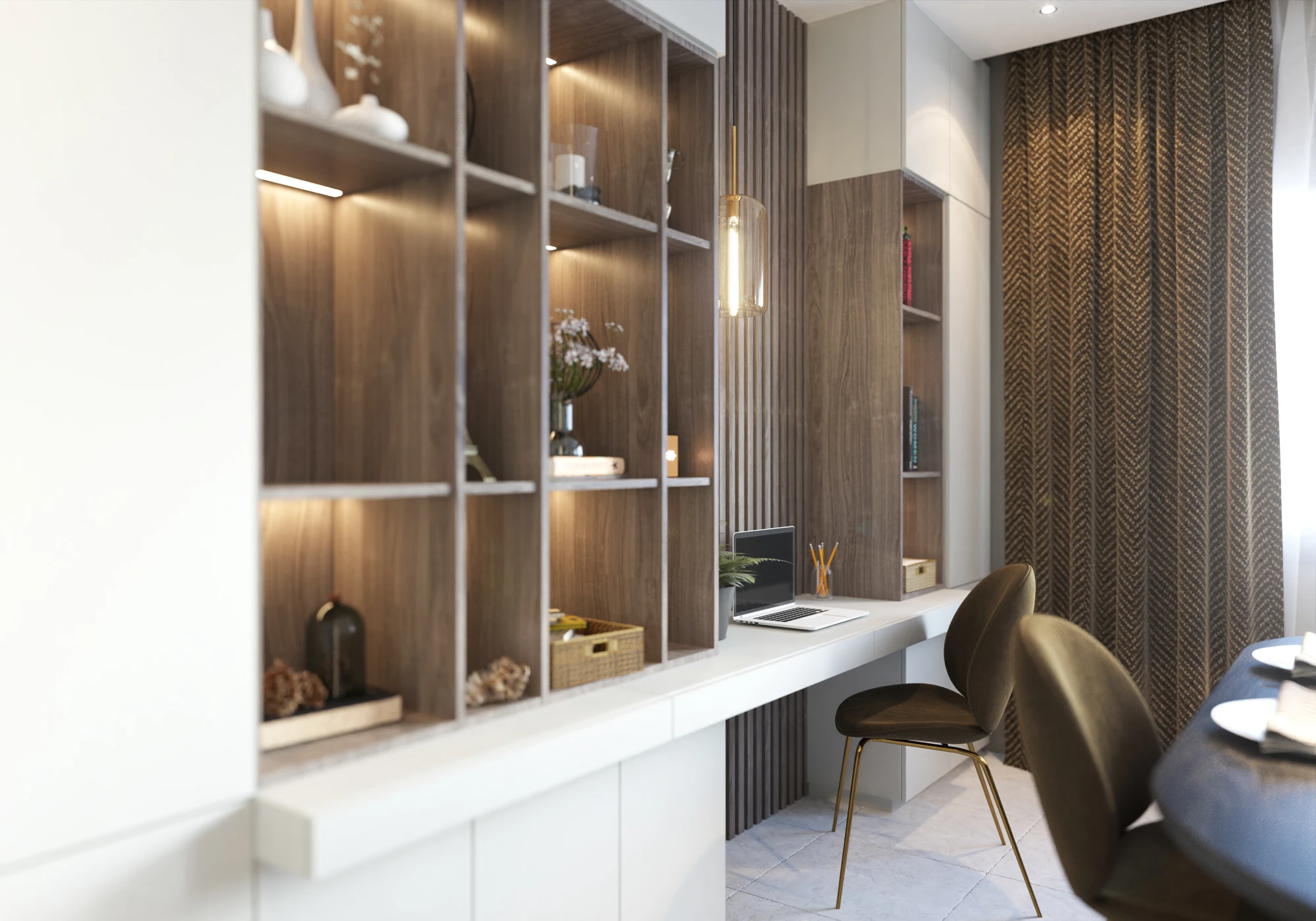 Tailored Living & Dining — detail of illuminated display shelves and upholstered dining chairs