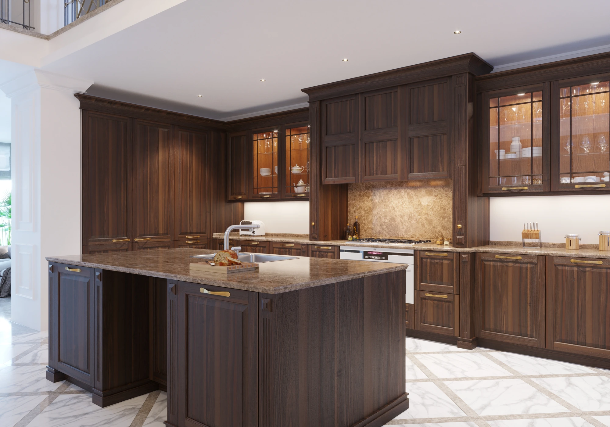 Traditional Dark-Wood Kitchen — angled view of sink island and paneled range hood