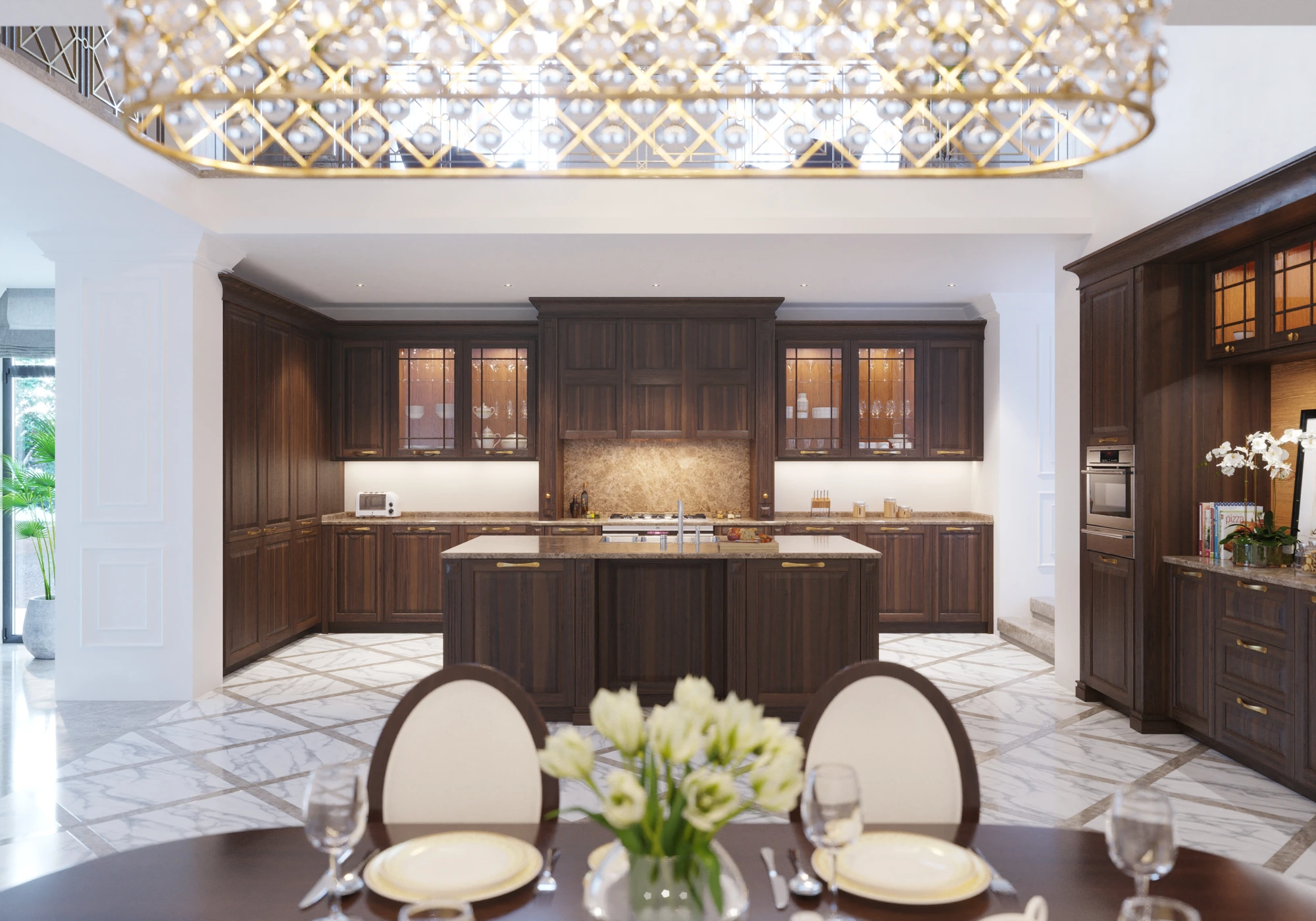 Traditional Dark-Wood Kitchen — view from dining table toward island and illuminated cabinets