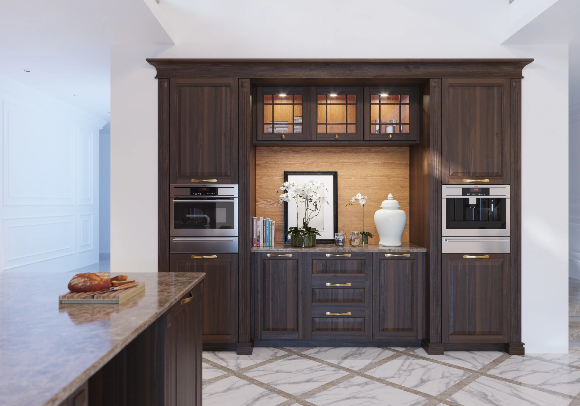 Traditional Dark-Wood Kitchen — front view of appliance wall with orchids and glass-front cupboards