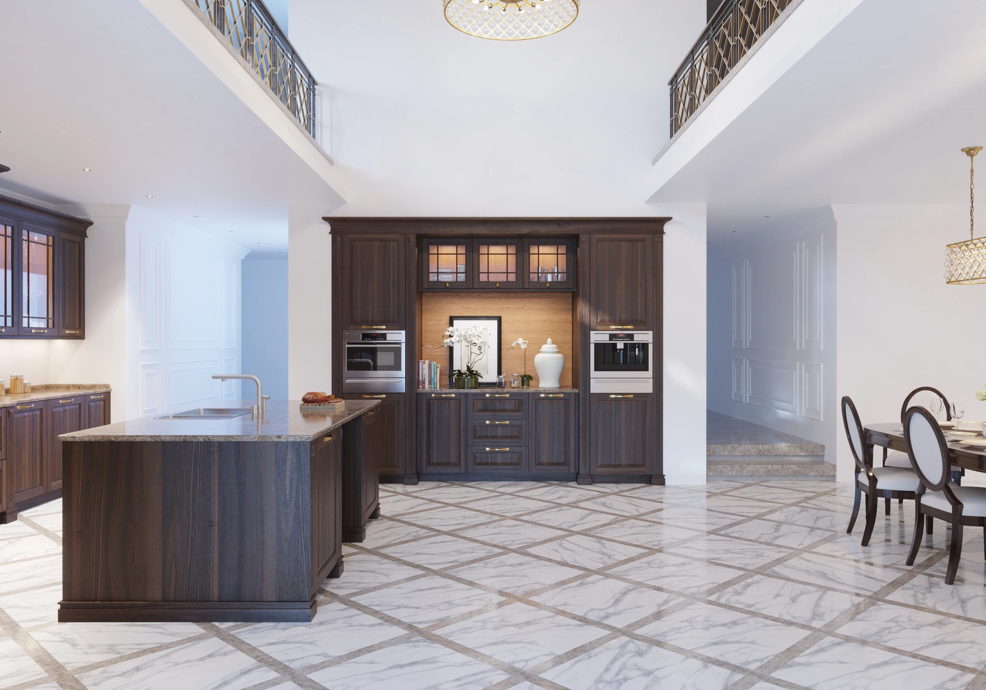 Traditional Dark-Wood Kitchen — wide view of island, appliance wall and double-height ceiling