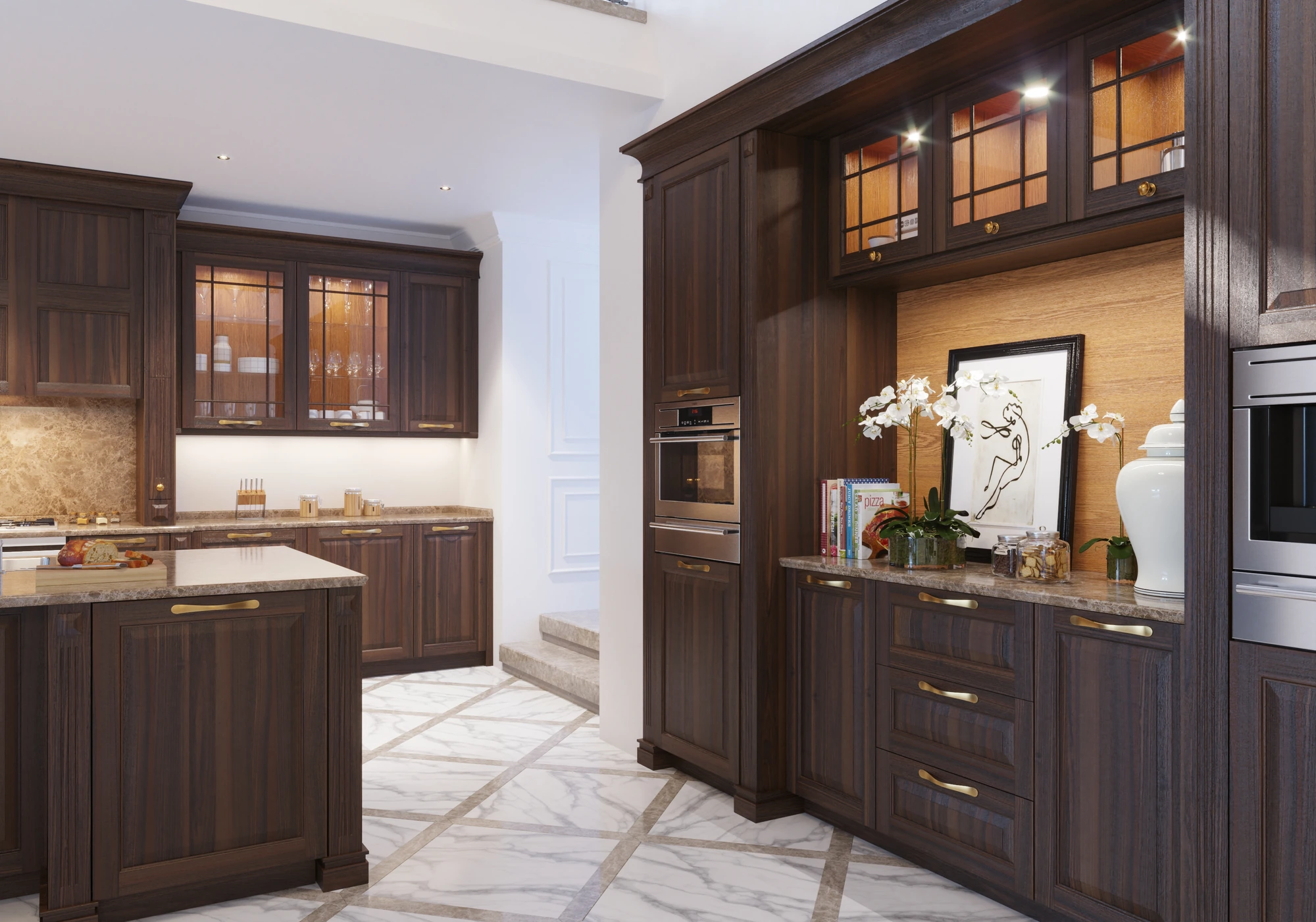 Traditional Dark-Wood Kitchen — angled detail of illuminated cupboards, orchids and wood cabinetry