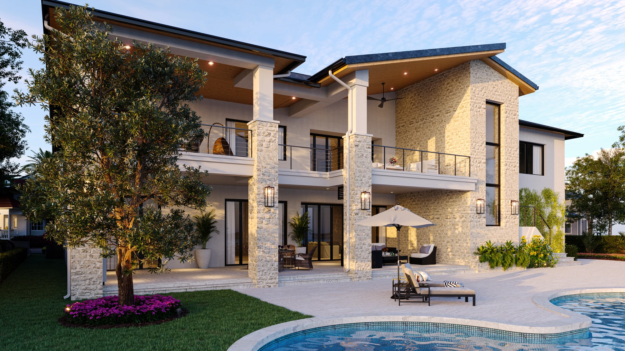 Waterfront Residence — angled rear facade with balconies and pool terrace