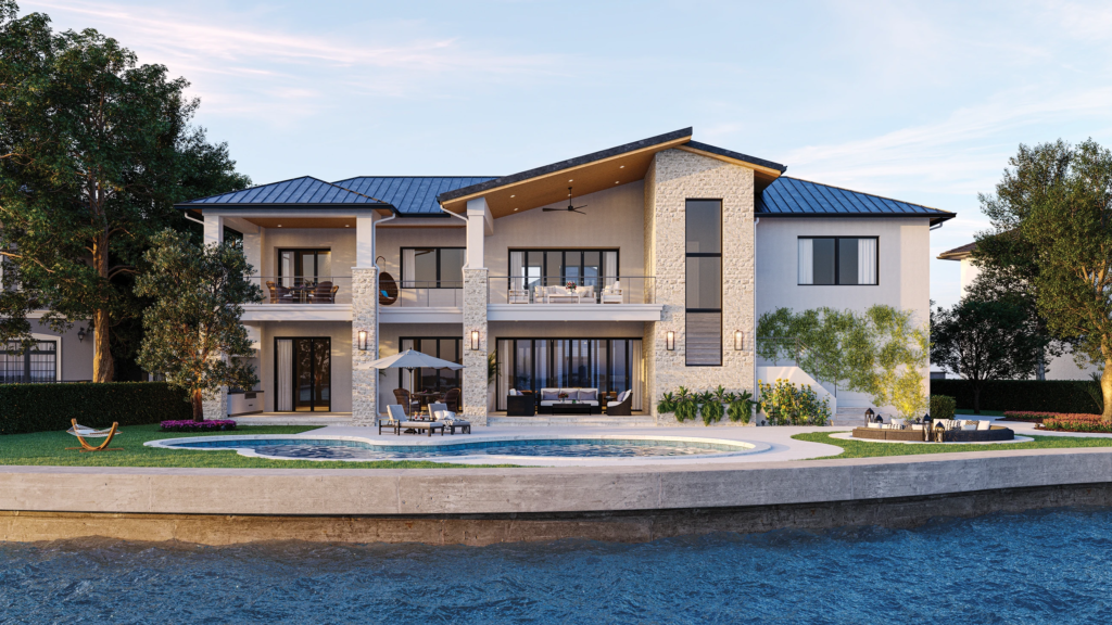 Waterfront Residence — rear facade, curved pool and seawall viewed from the water