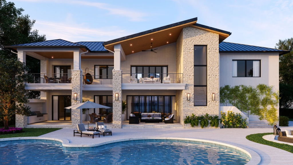 Waterfront Residence — rear facade with balconies and curved swimming pool